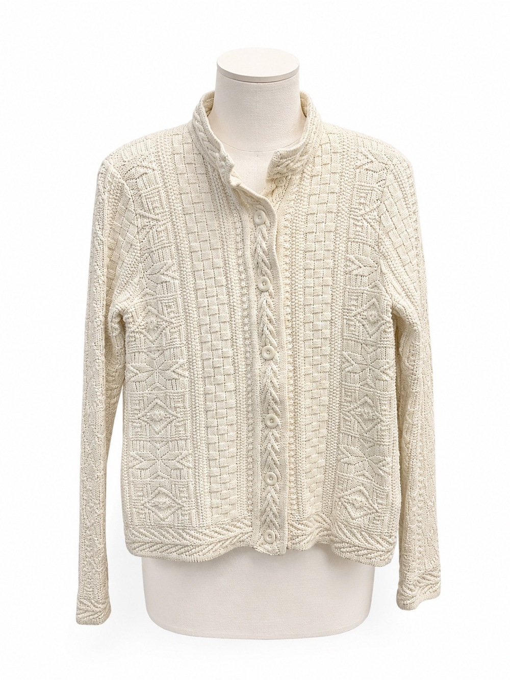 L.L.Bean Cream Fisherman Knit Cardigan Sweater Cotton Button Front Small